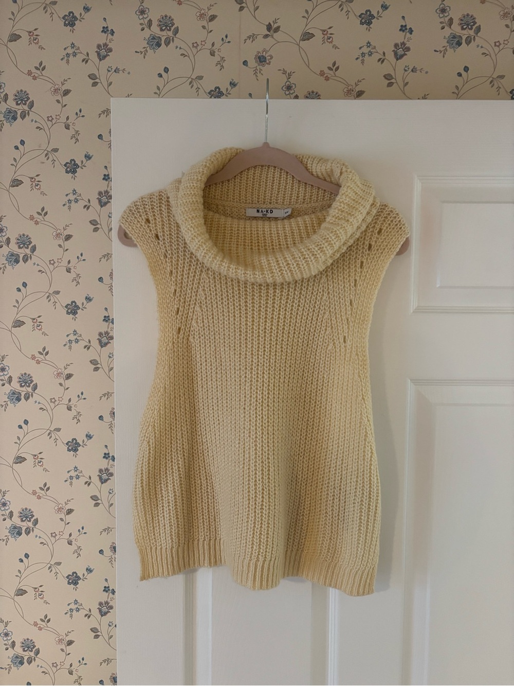 Crochet Knit Cream Sleeveless Cowl Neck Knit Sweater